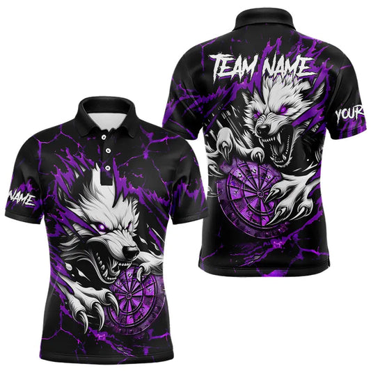 Maxcorners Personalized Wolf Lightning Darts Polo & Quarter Zip Custom Dart Shirts For Men Darts Jersey |Purple