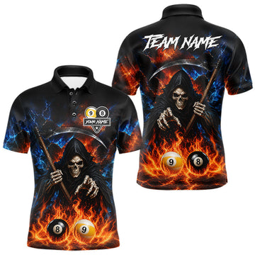 Maxcorners Custom 8 Ball & 9 Ball Fire Grim Reaper Billiard Shirt For Men, Pool Team Jersey Polo & 1/4 Zip LM1705