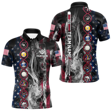 Maxcorners Personalized American Flag Smoke DNA Pool Shirt For Men Custom Patriotic Billiard Team Jersey