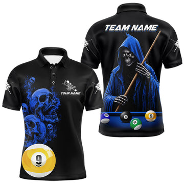 Maxcorners Black And Blue Billiard Skull 9 Ball Pool Shirts For Men Custom Grim Reaper Billiard Team Jersey