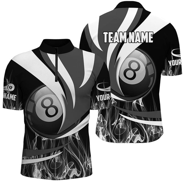 Maxcorners Personalized Black Grey 8 Ball Pool Fire Smoke Billiard Shirts For Women, 8 Ball Billiard Team Jersey