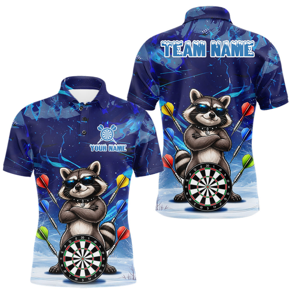 Maxcorners Personalized Blue Funny Raccoon Darts Shirt For Men Custom Darts Jersey Team Polo & 1/4 Zip