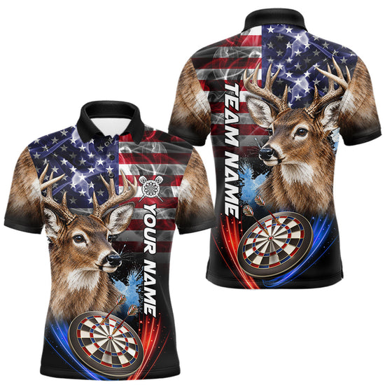Maxcorners Smoke American Flag Deer Darts Polo, 1/4 Zip Shirts For Men Custom Patriotic Darts Team Jersey