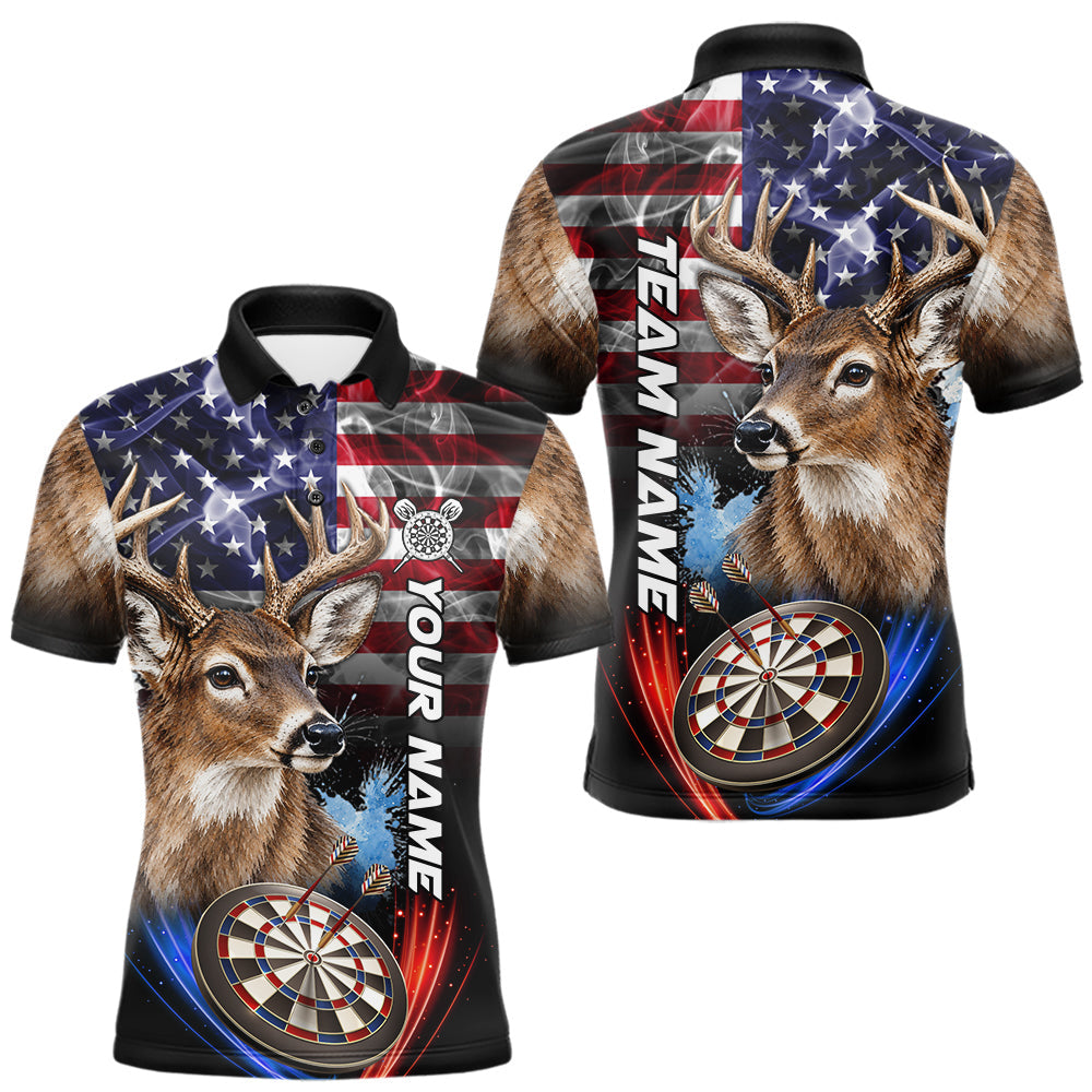 Maxcorners Smoke American Flag Deer Darts Polo, 1/4 Zip Shirts For Men Custom Patriotic Darts Team Jersey