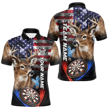 Maxcorners Smoke American Flag Deer Darts Polo, 1/4 Zip Shirts For Men Custom Patriotic Darts Team Jersey