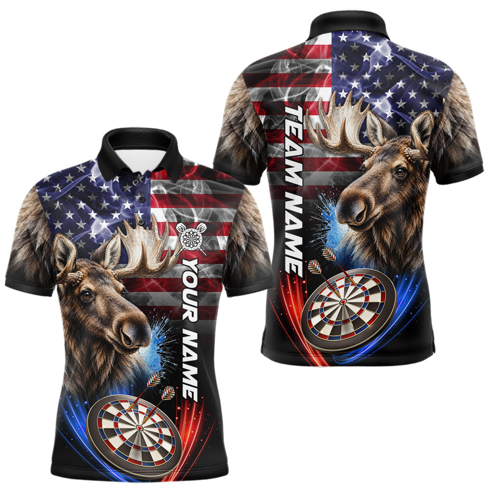Maxcorners Smoke American Flag Moose Darts Polo, 1/4 Zip Shirts For Men Custom Patriotic Darts Team Jersey
