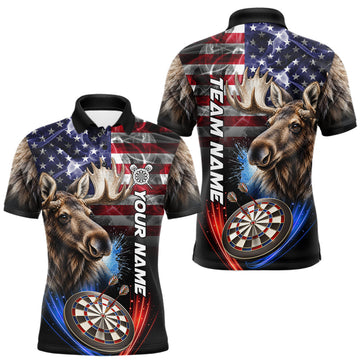 Maxcorners Smoke American Flag Moose Darts Polo, 1/4 Zip Shirts For Men Custom Patriotic Darts Team Jersey