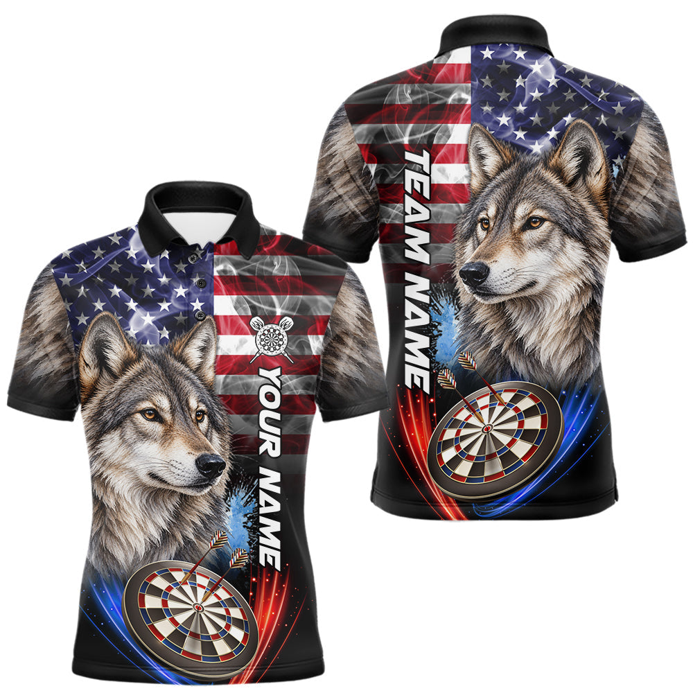 Maxcorners Smoke American Flag Wolf Darts Polo, 1/4 Zip Shirts For Men Custom Patriotic Darts Team Jersey