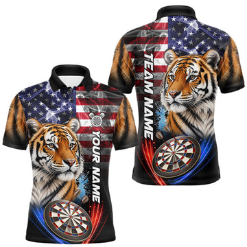 Maxcorners Smoke American Flag Tiger Darts Polo, 1/4 Zip Shirts For Men Custom Patriotic Darts Team Jersey