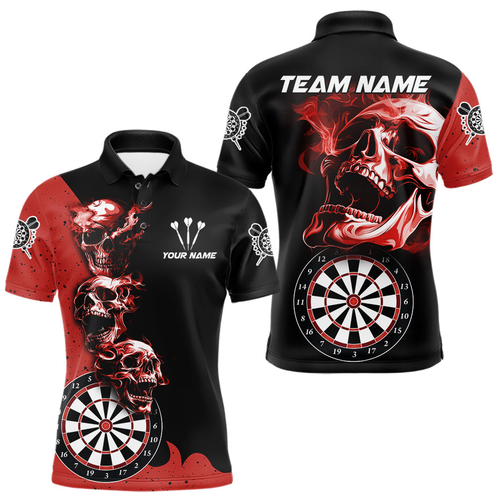 Maxcorners Personalized Smoke Skull Darts Shirts For Men Custom Black And Red Darts League Team Jerseys