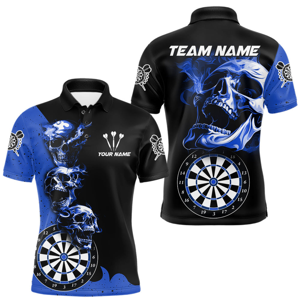 Maxcorners Personalized Smoke Skull Darts Shirts For Men Custom Black And Blue Darts League Team Jerseys