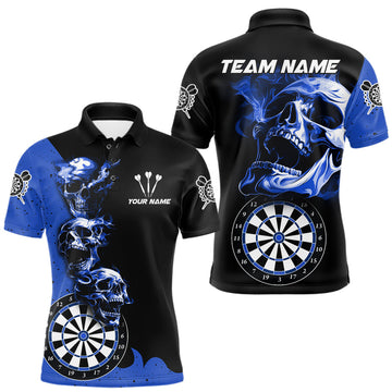Maxcorners Personalized Smoke Skull Darts Shirts For Men Custom Black And Blue Darts League Team Jerseys