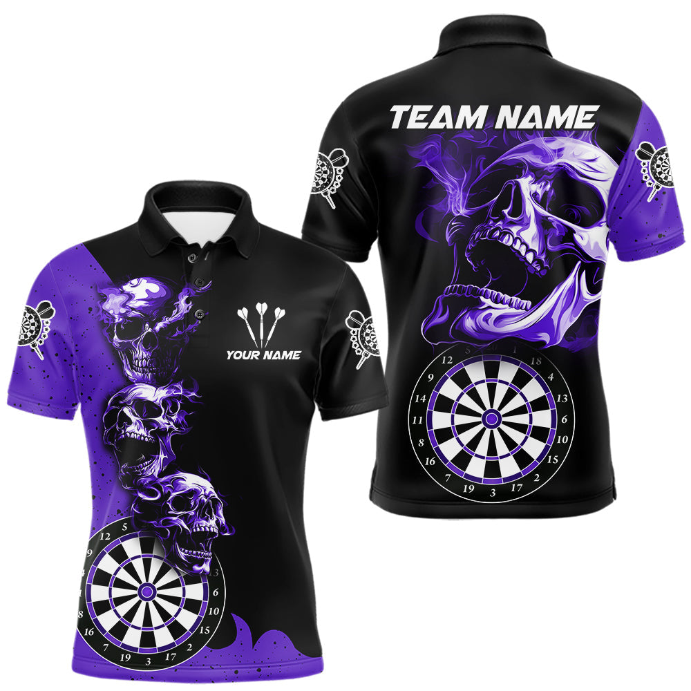 Maxcorners Personalized Smoke Skull Darts Shirts For Men Custom Black And Purple Darts League Team Jerseys
