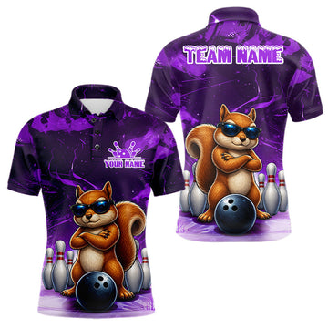 Maxcorners Personalized Purple Funny Squirrel Bowling Shirt For Men Custom Bowling Team Jersey Polo & 1/4 Zip