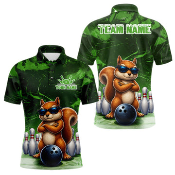 Maxcorners Personalized Green Funny Squirrel Bowling Shirt For Men Custom Bowling Team Jersey Polo & 1/4 Zip LM1910