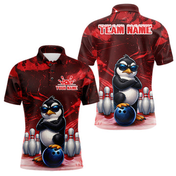 Maxcorners Personalized Red Funny Penguin Bowling Shirt For Men Custom Bowling Team Jersey Polo & 1/4 Zip