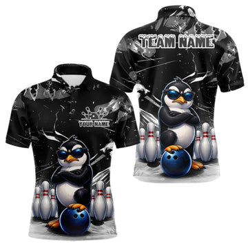 Maxcorners Personalized Black Funny Penguin Bowling Shirt For Men Custom Bowling Team Jersey Polo & 1/4 Zip LM1910