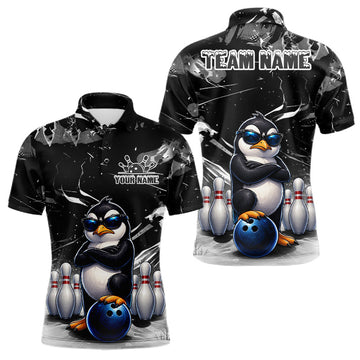 Maxcorners Personalized Black Funny Penguin Bowling Shirt For Men Custom Bowling Team Jersey Polo & 1/4 Zip
