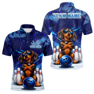 Maxcorners Blue Funny Dachshund Dog Bowling Shirt For Men Custom Bowling Team Jersey Polo & Quarter Zip LM1910