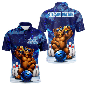 Maxcorners Personalized Blue Funny Bear Bowling Shirt For Men Custom Bowling Team Jersey Polo & 1/4 Zip LM1910