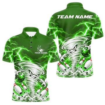 Maxcorners Green Lightning Thunder Funny Tornado Bowling Shirt For Men Custom Bowling Jersey Polo & 1/4 Zip LM1910