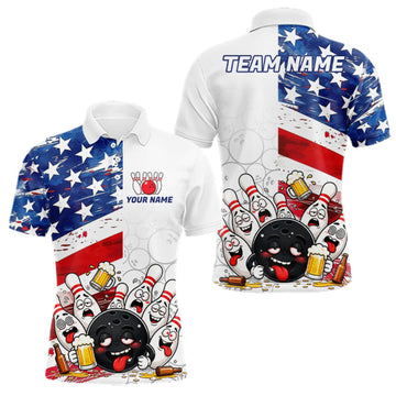 Maxcorners American Flag Funny Drunk Bowling Shirts For Men Custom Patriotic Bowling Team Jersey Polo, 1/4 Zip LM1910