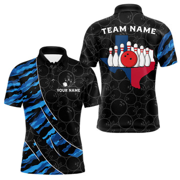 Maxcorners Texas Flag Blue Camo Bowling Shirt For Men Custom Patriotic Bowling Team Jersey Polo & 1/4 Zip LM1904