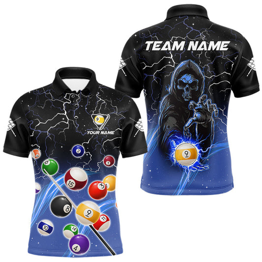 Maxcorners Blue Grim Reaper Lightning 9 Ball Pool Shirts For Men Custom Billiard Team Jersey Polo, 1/4 Zip