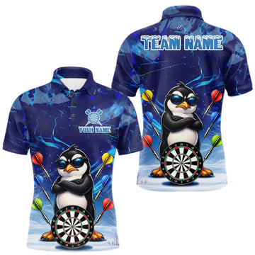 Maxcorners Personalized Blue Funny Penguin Darts Shirt For Men Custom Darts Jersey Team Polo & 1/4 Zip LM1910