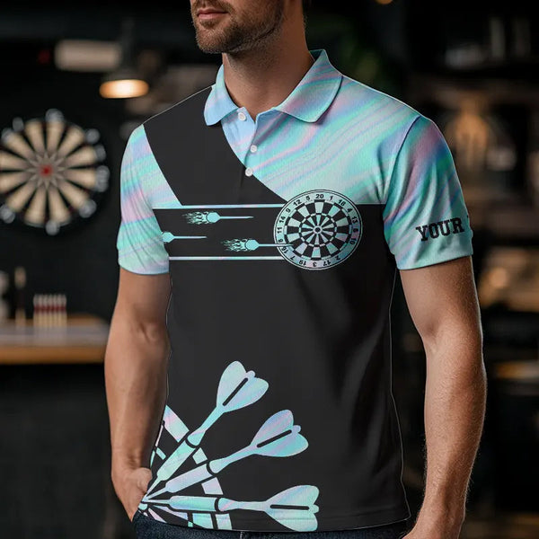 Maxcorners Holographic Blue Darts Tie Dye Polo & Quarter Zip Custom Dart Shirts For Men Glowing Dart Jerseys