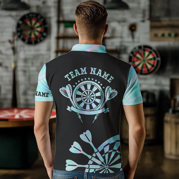 Maxcorners Holographic Blue Darts Tie Dye Polo & Quarter Zip Custom Dart Shirts For Men Glowing Dart Jerseys