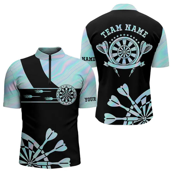 Maxcorners Holographic Blue Darts Tie Dye Polo & Quarter Zip Custom Dart Shirts For Men Glowing Dart Jerseys