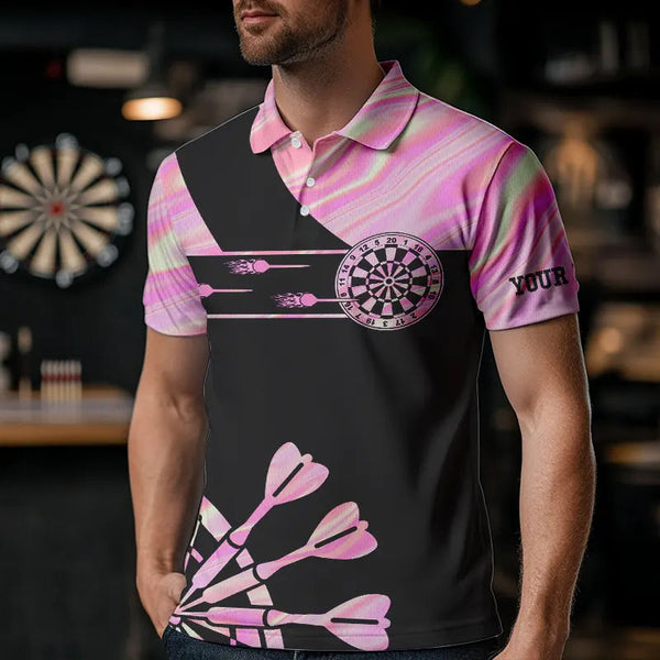 Maxcorners Holographic Pink Darts Tie Dye Polo & Quarter Zip Custom Dart Shirts For Men Glowing Dart Jerseys
