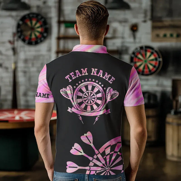 Maxcorners Holographic Pink Darts Tie Dye Polo & Quarter Zip Custom Dart Shirts For Men Glowing Dart Jerseys