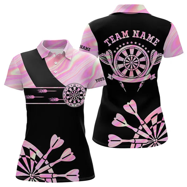 Maxcorners Holographic Pink Darts Tie Dye Polo & Quarter Zip Custom Dart Shirts For Men Glowing Dart Jerseys