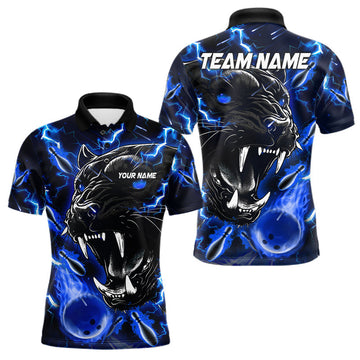 Maxcorners Blue Flame Panther Bowling Polo, Quarter Zip Shirts For Men Custom Bowling Team League Jerseys
