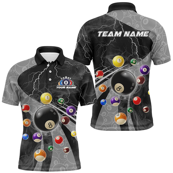 Maxcorners Billiard Grey Thunder Lightning Customized Name, Team Name 3D Polo Shirt