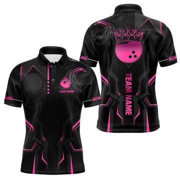 Maxcorners Pink And Black Custom Crown Bowling Ball Polo, Quarter Zip Shirts For Men, Bowling Team Jerseys