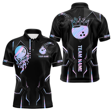 Maxcorners Black And Holographic Crown Bowling Ball Polo, 1/4 Zip Shirts For Men Custom Bowling Team Jerseys