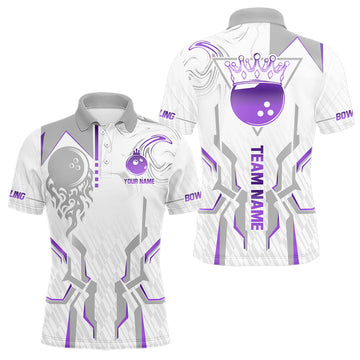 Maxcorners White And Purple Bowling Ball Crown Bowling Shirts For Men Custom Bowling League Team Jersey