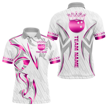 Maxcorners Custom Pink Bowling Ball Crown Bowling Shirt For Men, Bowling Team Jersey Polo & 1/4 Zip | White