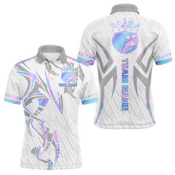 Maxcorners Custom Holographic Bowling Ball Crown Bowling Shirt For Men, Bowling League Team Jersey | White