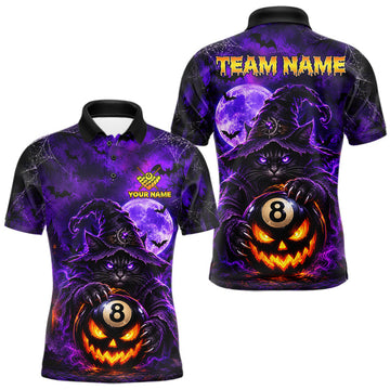 Maxcorners Purple Funny Cat Wizard 8 Ball Pool Billiard Shirts For Men Custom Halloween Billiard Team Jersey