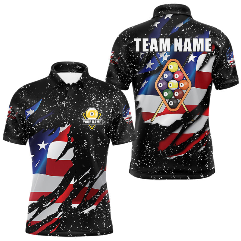 Maxcorners 9 Ball Pool US Flag Black Grunge Custom Men's Billiard Shirt, Patriotic Billiard Team Jersey