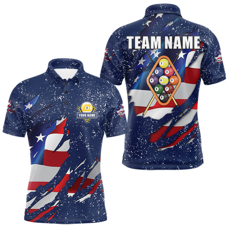 Maxcorners 9 Ball Pool US Flag Navy Blue Grunge Custom Men's Billiard Shirt, Patriotic Billiard Team Jersey
