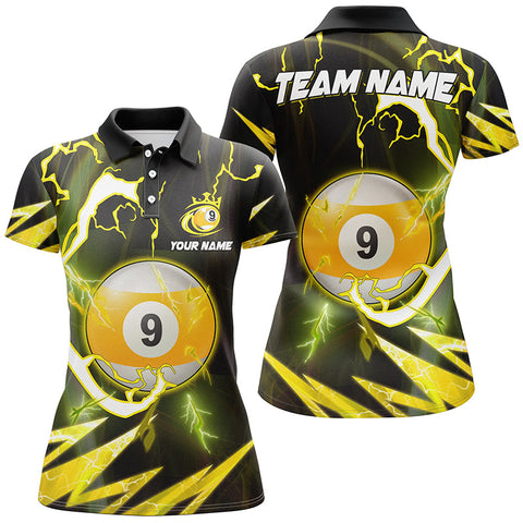 Maxcorners Personalized Yellow 9 Ball Pool Thunder Lightning Polo Shirts For Women