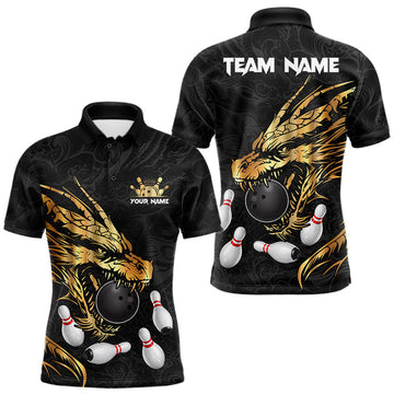 Maxcorners Black And Gold Custom Dragon Bowling Shirt For Men, Bowling Team Jersey Polo & Quarter Zip LM1903