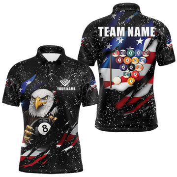 Maxcorners Black Grunge US Flag Eagle Billiard Shirt For Men Custom 8 Ball Pool Team Jersey Polo & 1/4 Zip LM2704
