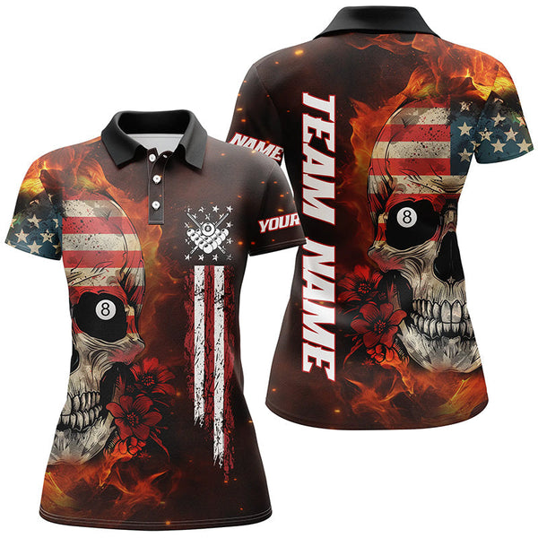 Maxcorners American Flag Skull Fire Billiard Jersey Customized Name, Team Name 3D Shirt