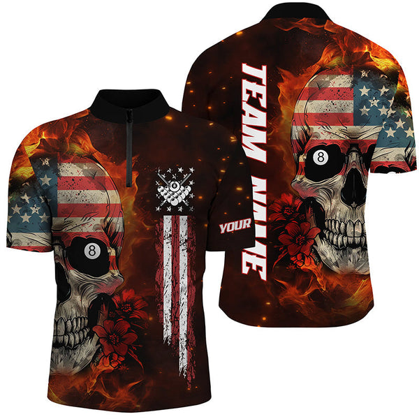 Maxcorners American Flag Skull Fire Billiard Jersey Customized Name, Team Name 3D Shirt